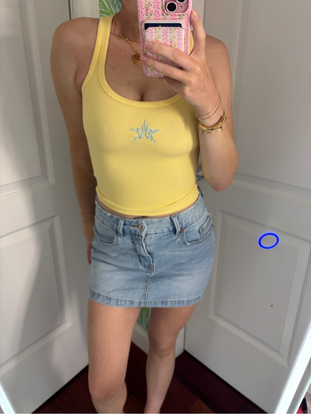 REVICE Yellow Ribbed Cropped Tank Top with Light Blue Embroidered Logo